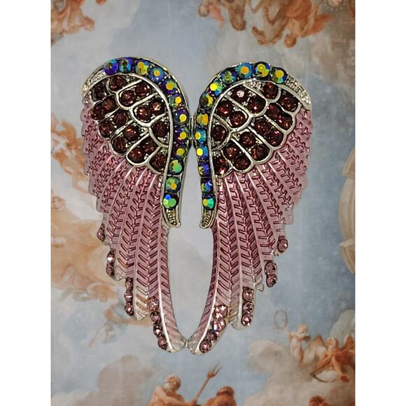 Silver Tone Multi-Color Crystal Enamel Hand Painted Angel Wings Pin Brooch - Picture 1 of 3